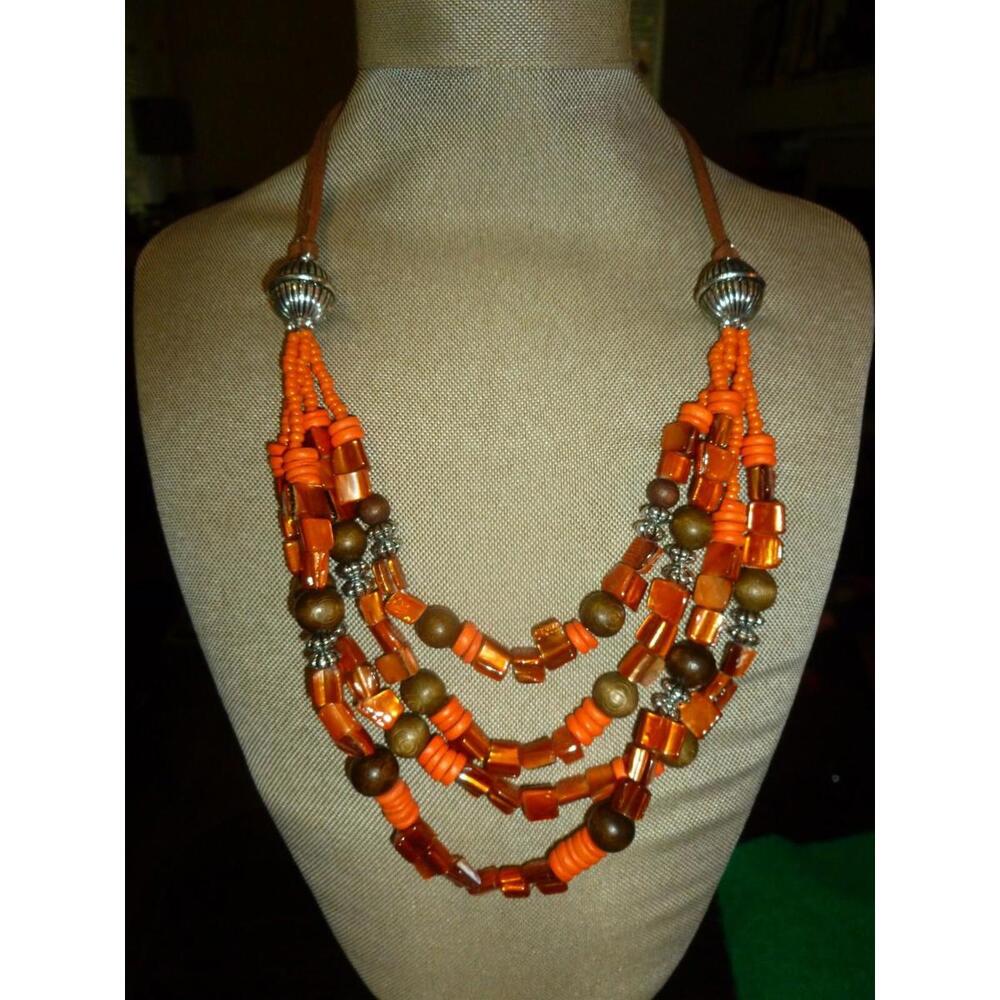 Shell Bib Necklace Orange Statement Collar Beaded… - image 2